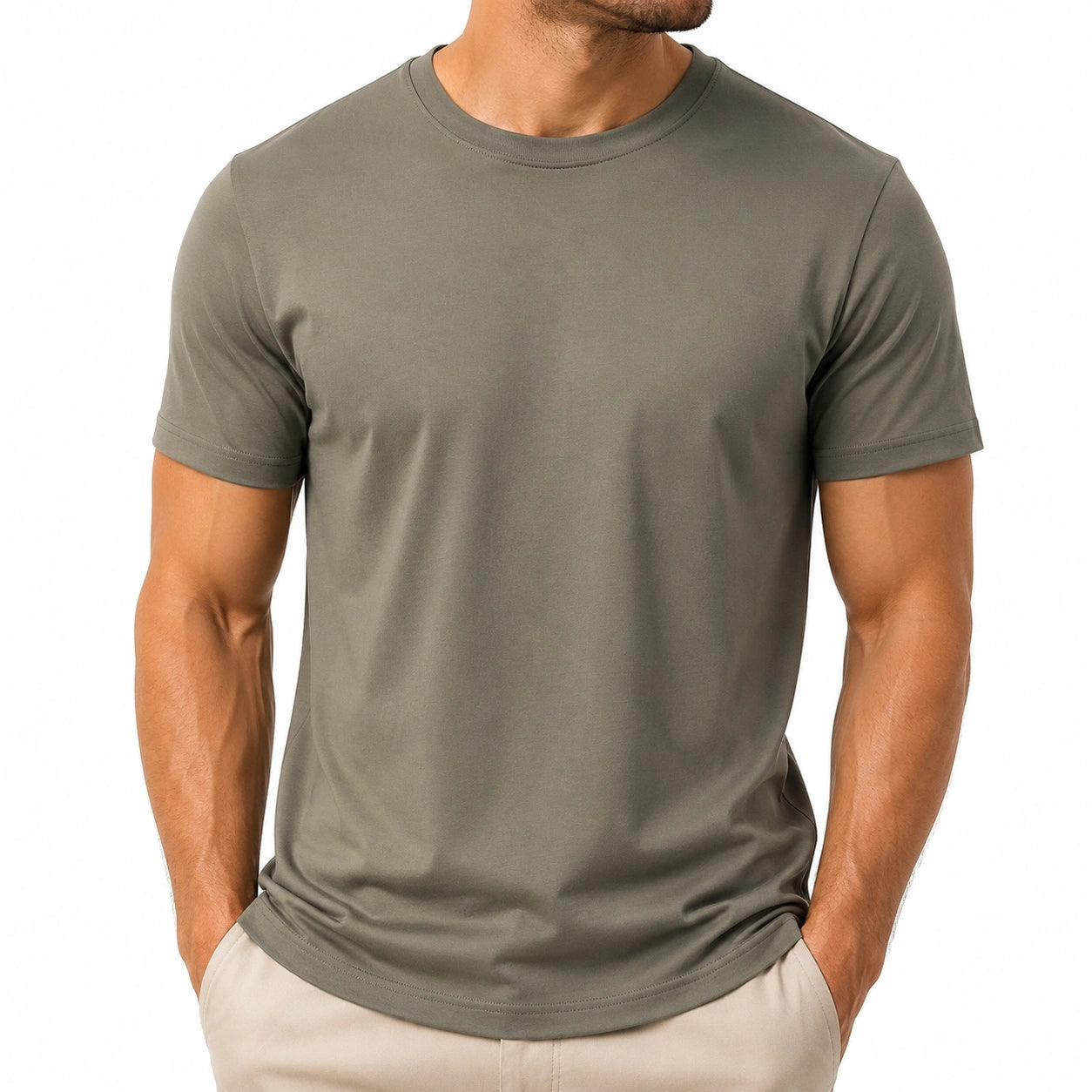 T-shirt uomo taglia M in tessuto a maglia verde oliva - girocollo a maniche corte