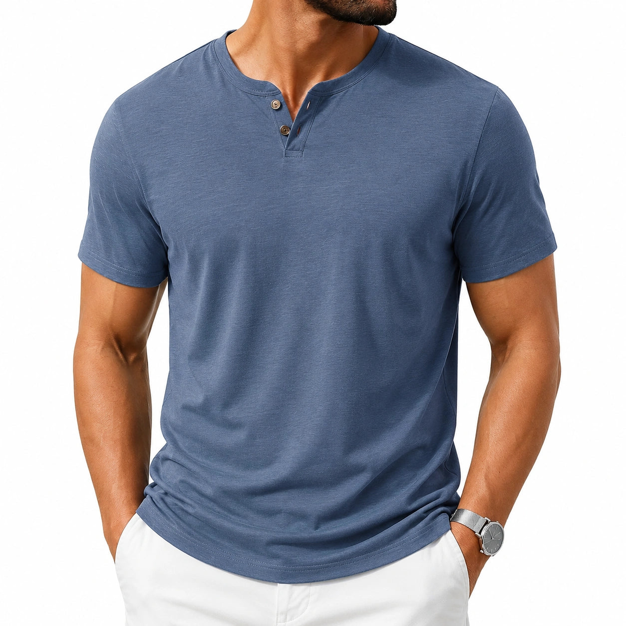 T-shirt uomo taglia M in tessuto blu con colletto serafino a maniche corte