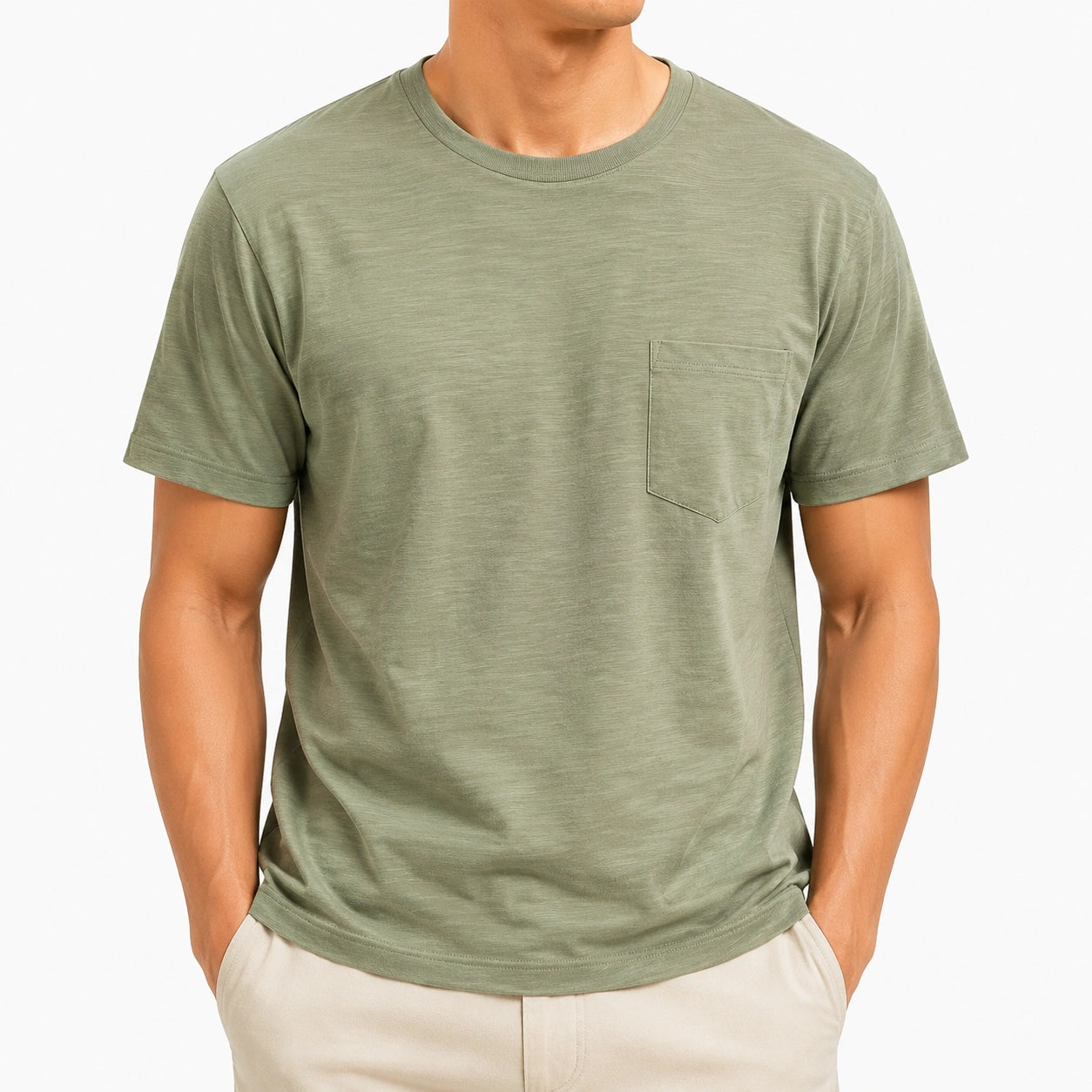 T-shirt uomo taglia M in cotone verde salvia con taschino stile casual