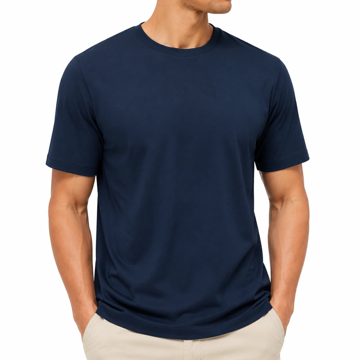 T-shirt uomo L in tessuto tecnico blu navy a maniche corte stile essenziale