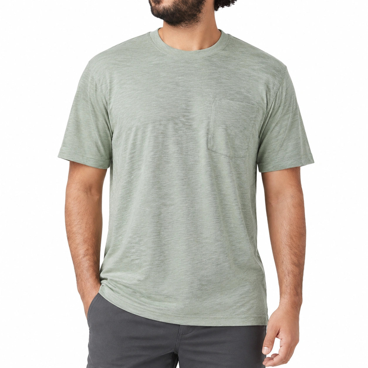 T-shirt uomo taglia L in tessuto fiammato verde salvia con taschino girocollo casual
