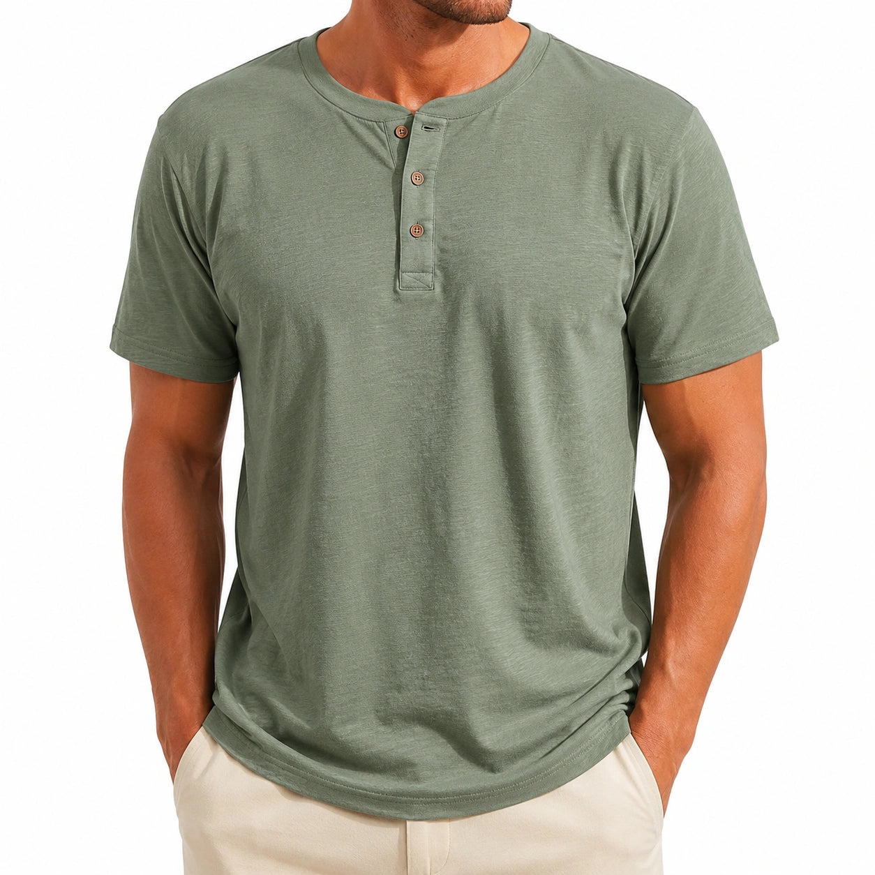 T-shirt henley da uomo taglia L in tessuto a maglia verde salvia a maniche corte
