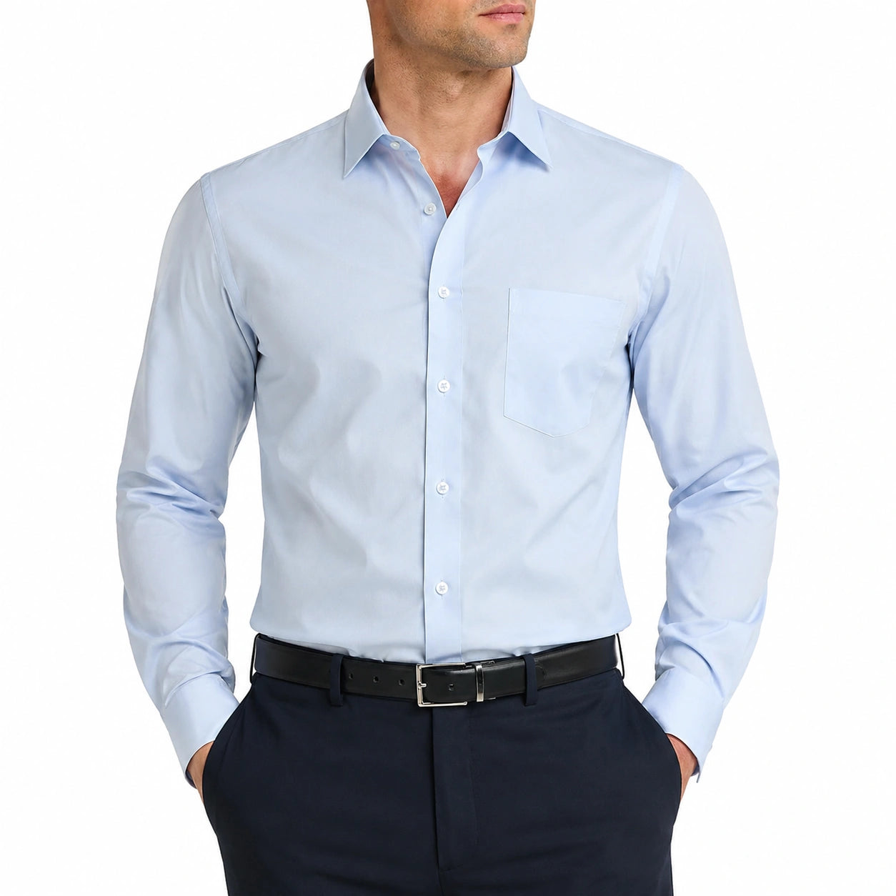 Camicia da uomo M azzurro chiaro a maniche lunghe con taschino stile formale