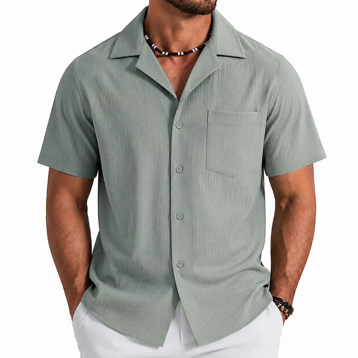 Camicia uomo L in tessuto testurizzato verde salvia a manica corta stile casual