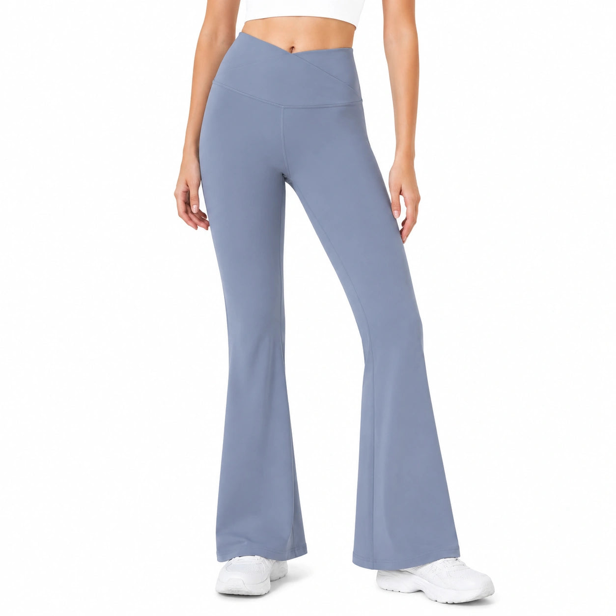 Leggings donna taglia S in tessuto elasticizzato azzurro a vita alta svasati per fitness