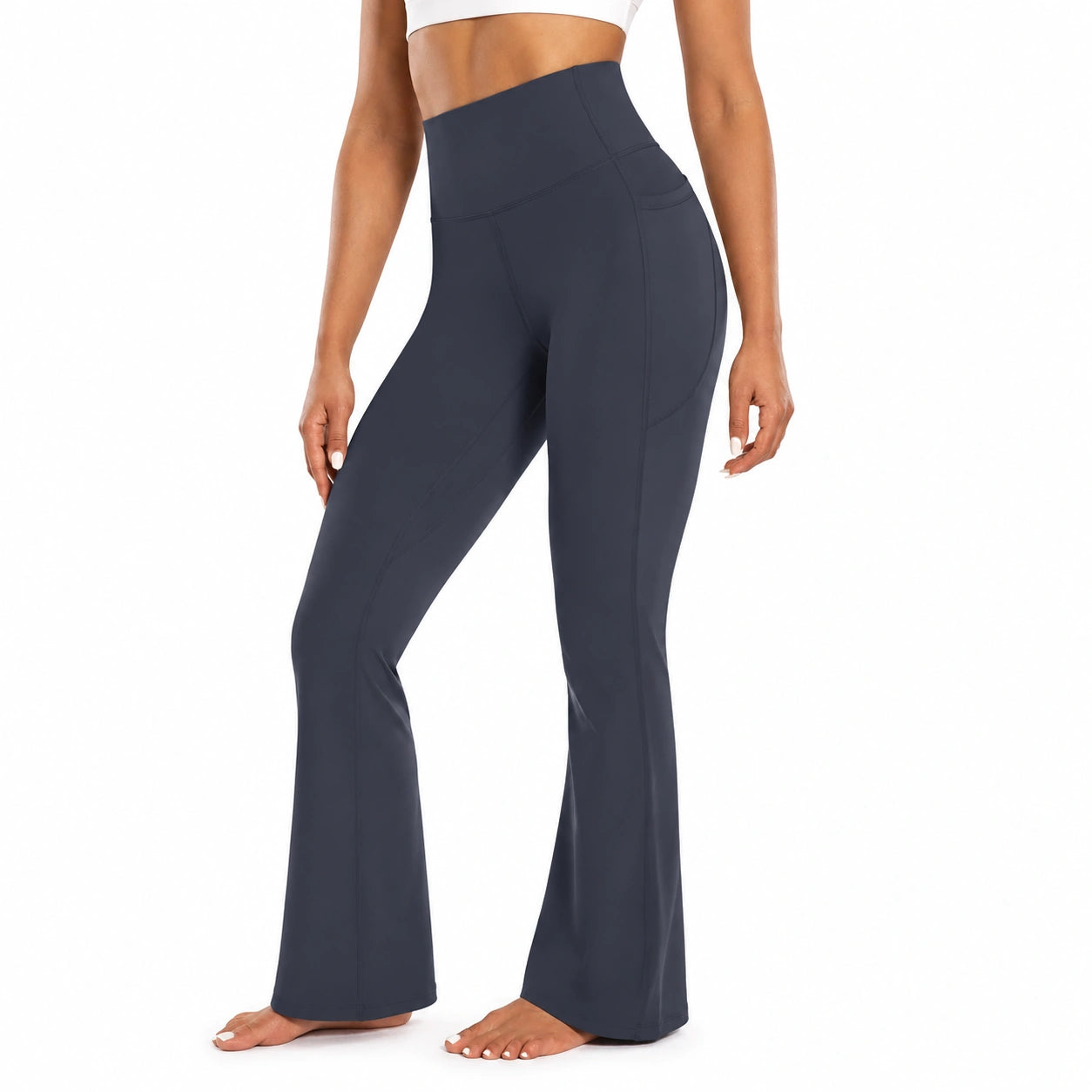 Leggings donna M in tessuto elasticizzato blu navy a vita alta con fondo svasato