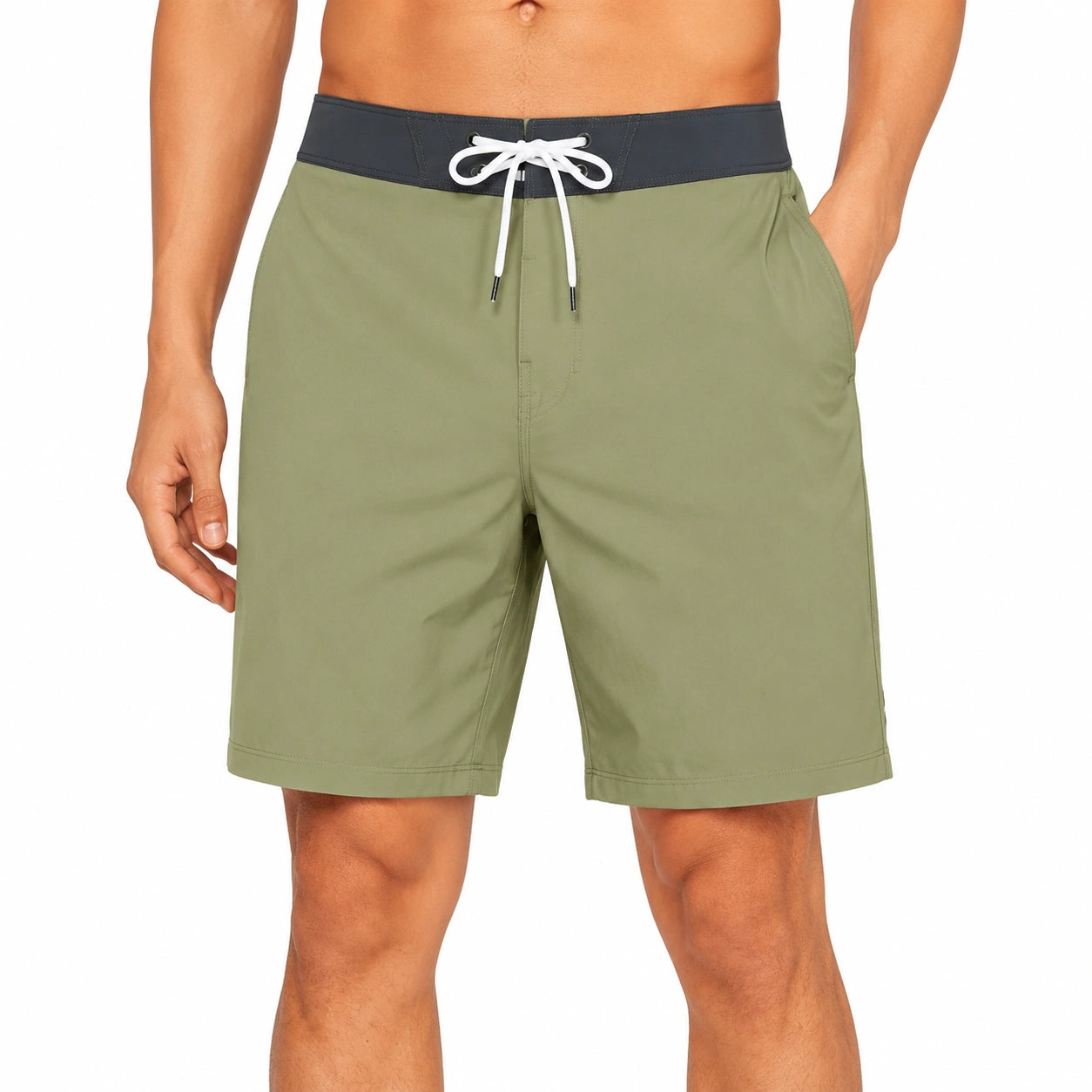 Costume da bagno uomo taglia M in tessuto sintetico verde oliva con cintura nera - stile casual con tasche