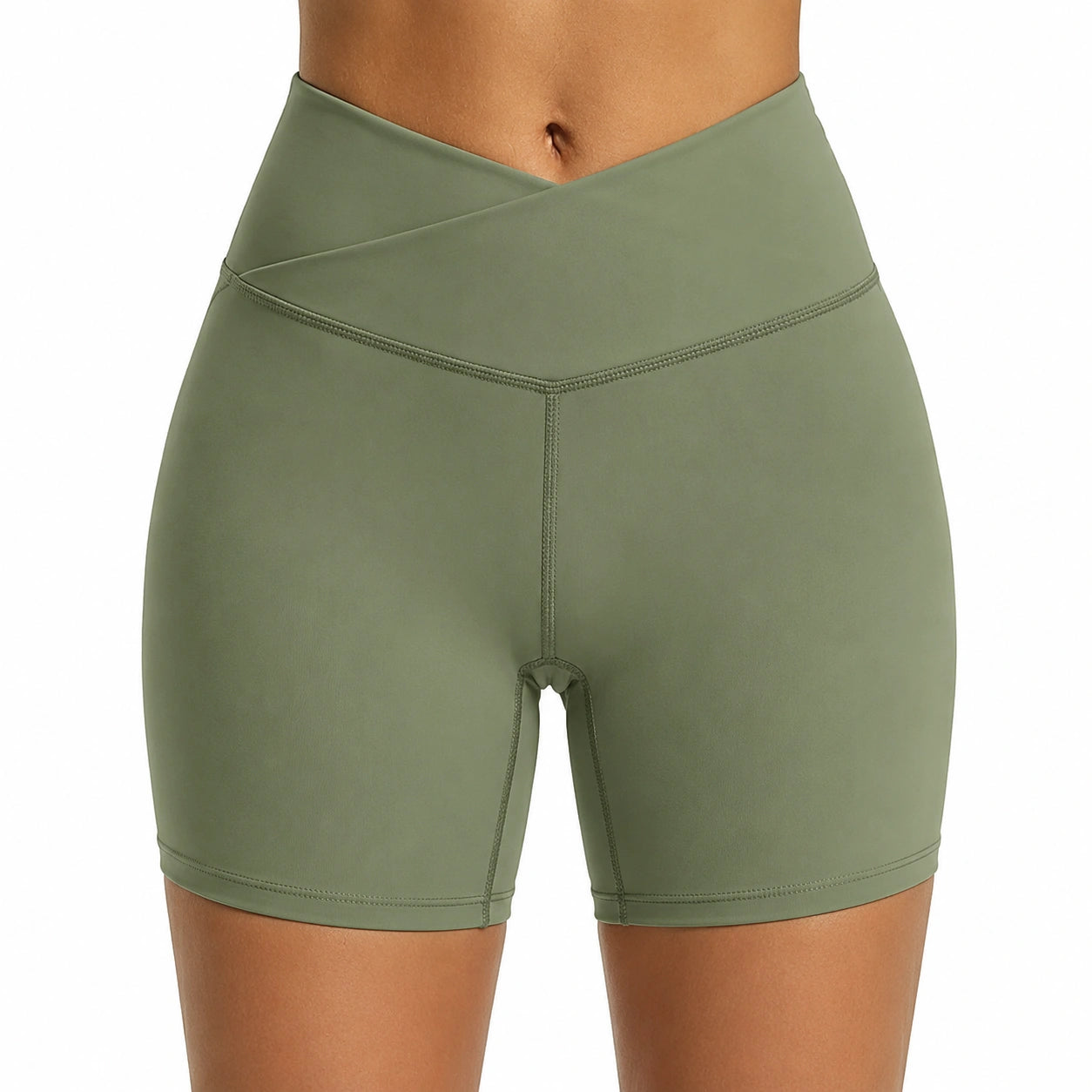 Pantaloncini ciclisti donna taglia M in tessuto elasticizzato verde oliva - vita alta avvolgente