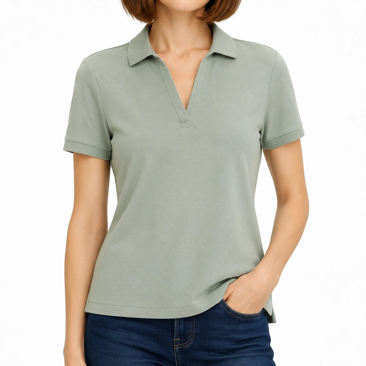 Polo da donna taglia S in tessuto verde salvia a maniche corte con colletto classico