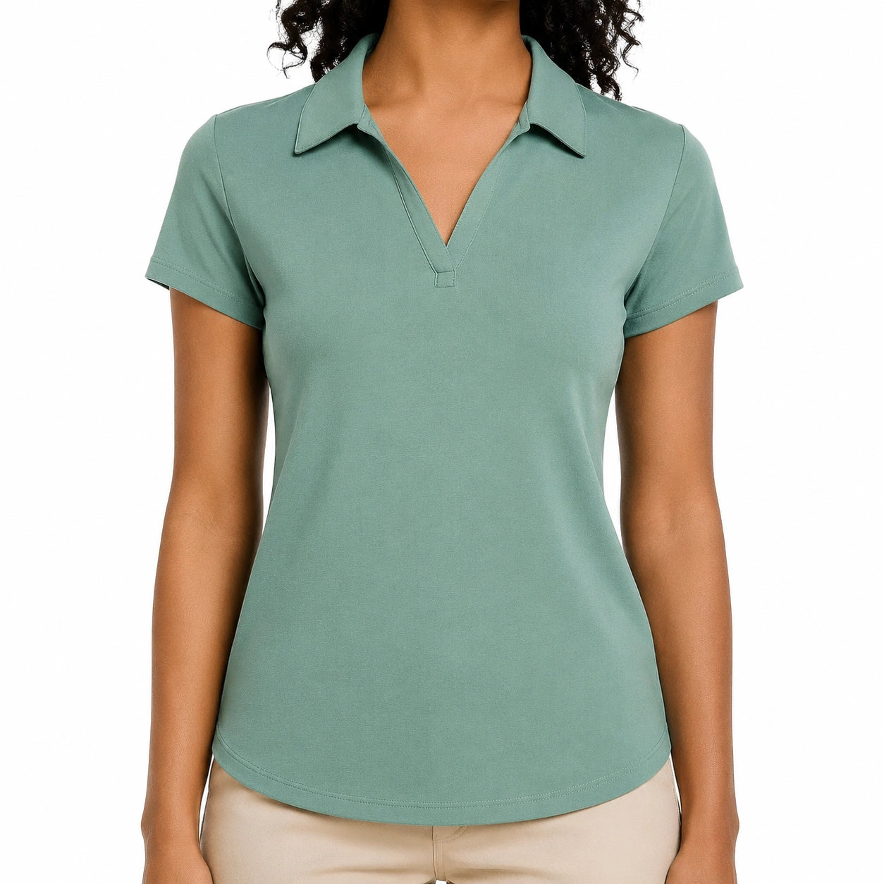 Polo donna taglia S in tessuto elasticizzato verde salvia a maniche corte
