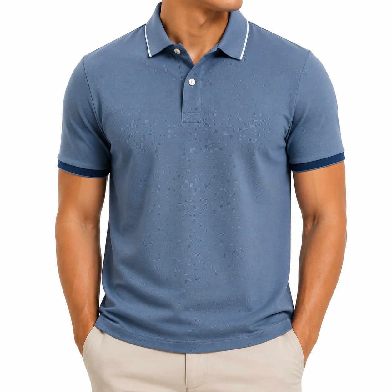 Polo uomo taglia M in tessuto piqué blu con bordi a contrasto stile casual
