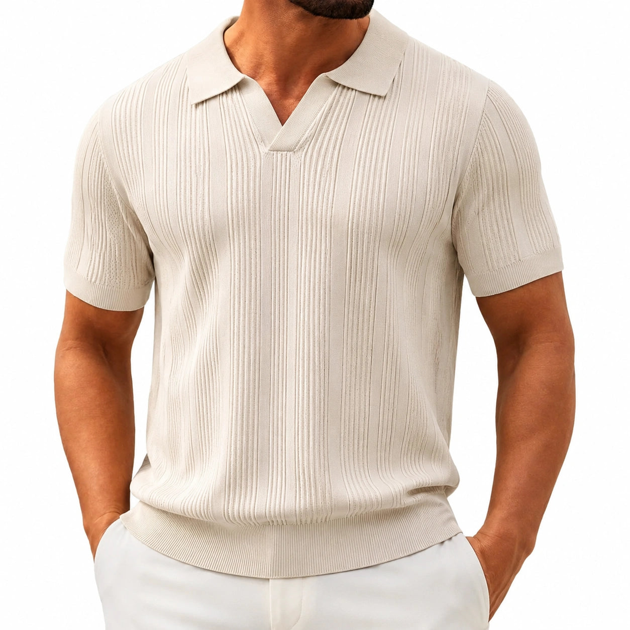 Polo uomo taglia L in maglia beige a manica corta con colletto e trama verticale