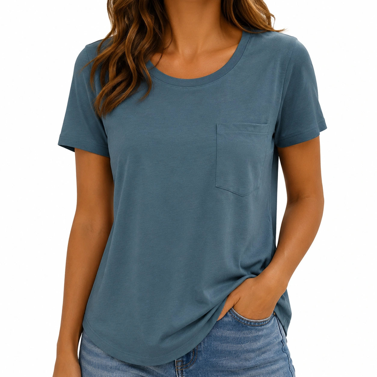 T-shirt donna taglia S in tessuto blu petrolio con taschino - manica corta casual