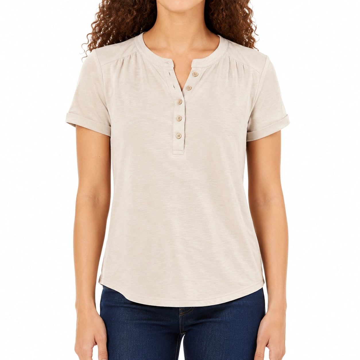 T-shirt donna M in cotone beige a manica corta con bottoni stile casual